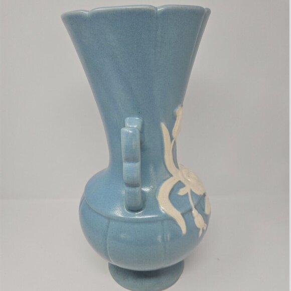 Vintage 1940s Weller Art Pottery Blue White Cameo Flower Vase Large 13" Tall - Picture 5 of 7